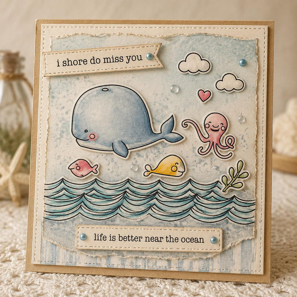 Whale & Sea Wave Clear Stamp and Die Set, DIY Card Making