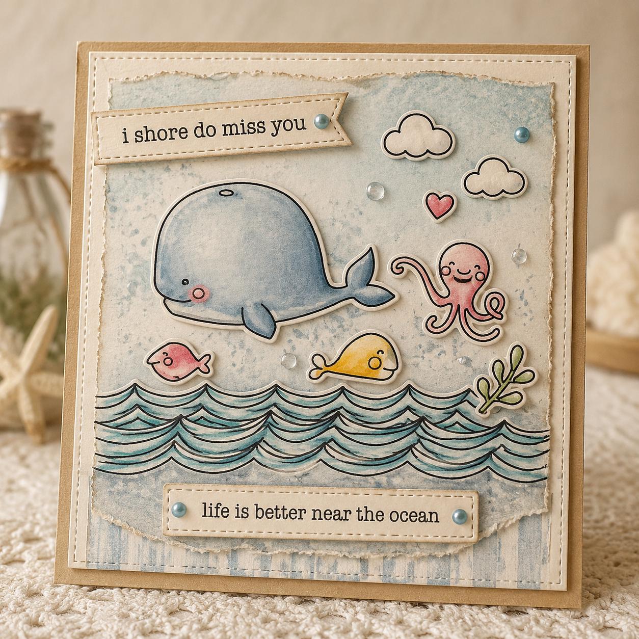 Whale & Sea Wave Clear Stamp and Die Set, DIY Card Making