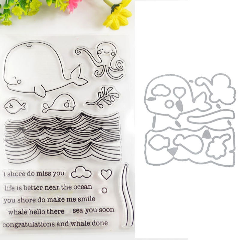 Whale & Sea Wave Clear Stamp and Die Set, DIY Card Making