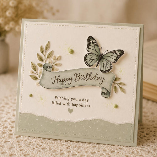 Green butterfly birthday card with curled banner greeting and leaf sprigs