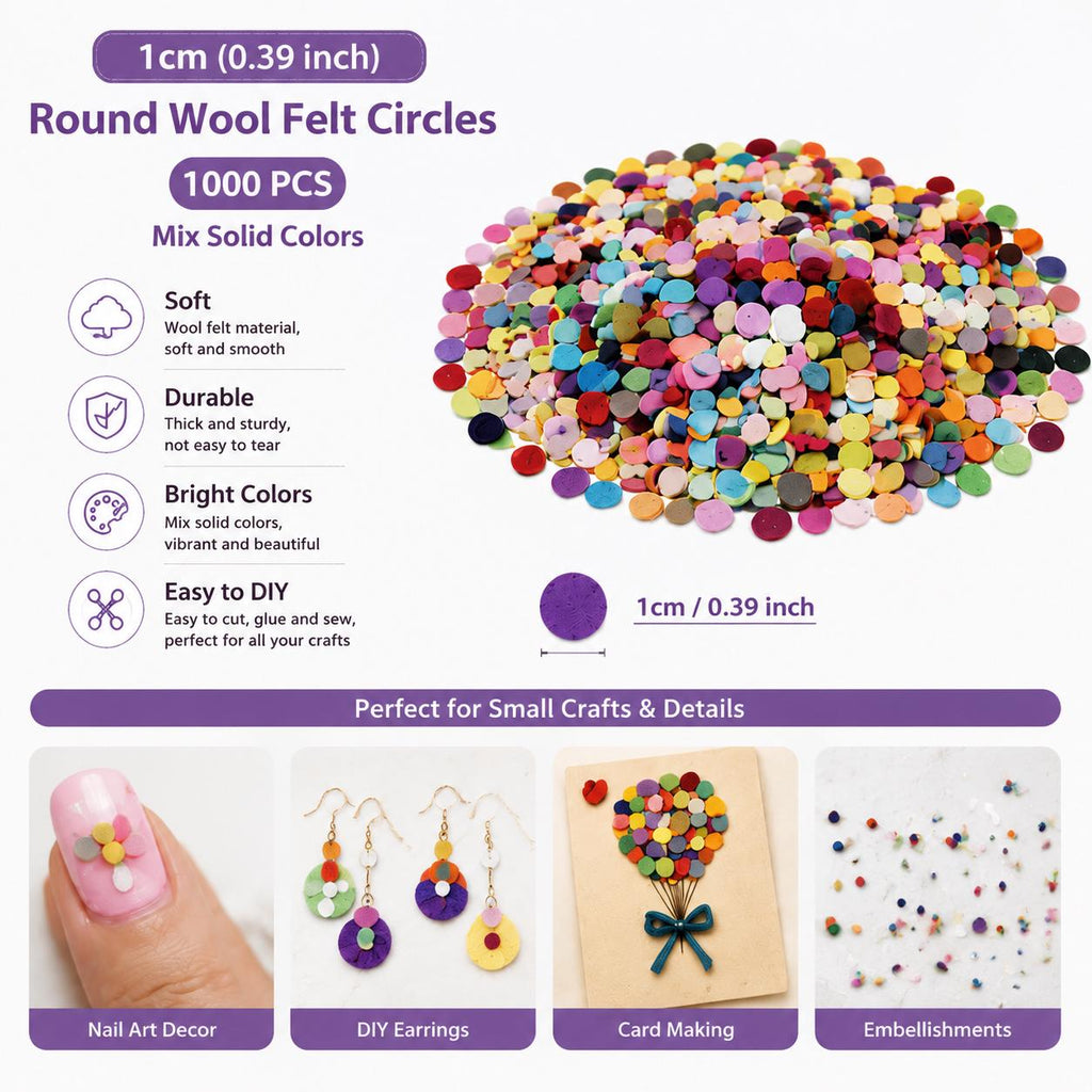 1000 Small Felt Circles, 1 cm Assorted Color Craft Shapes