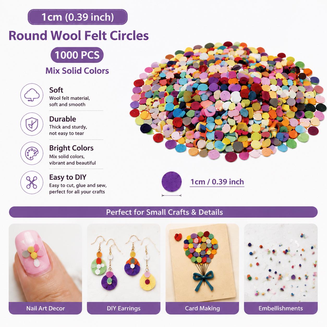 1000 Small Felt Circles, 1 cm Assorted Color Craft Shapes