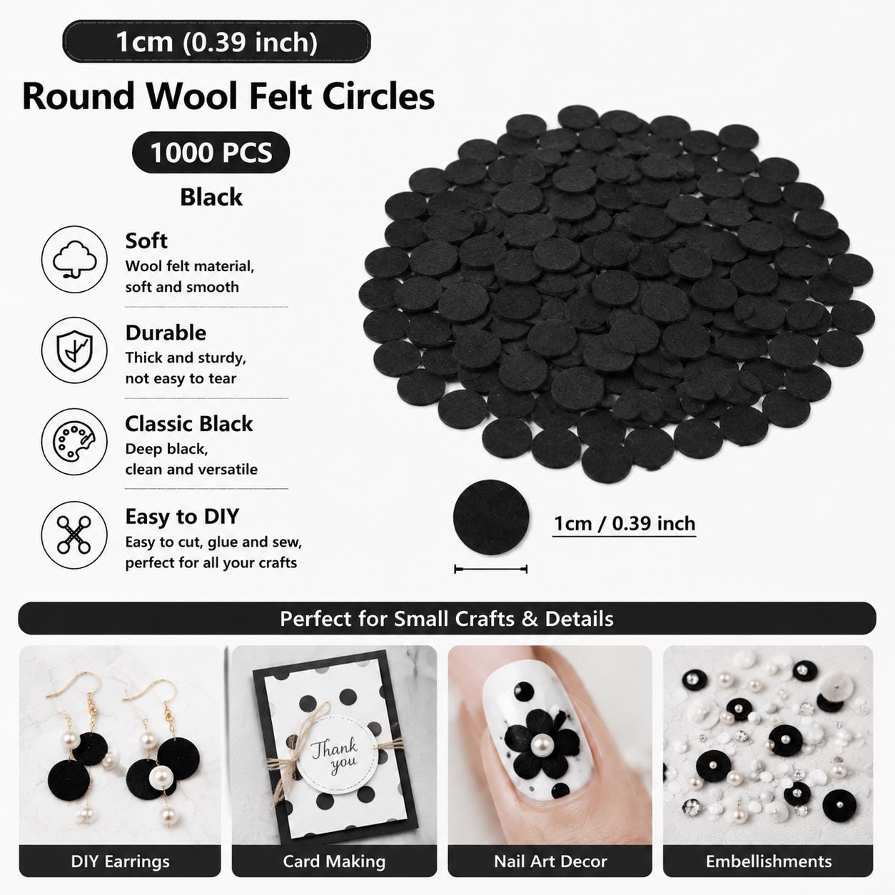 1000 Black Wool Felt Circles - 1cm Craft Project Supplies
