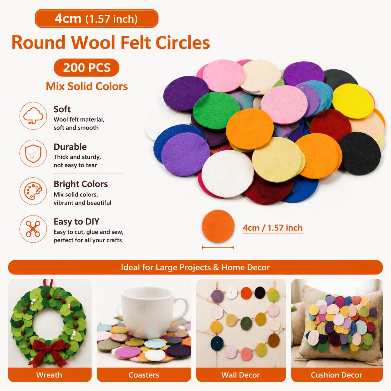 200 Acrylic Felt Circles, 4cm Solid Colors, Craft Supplies