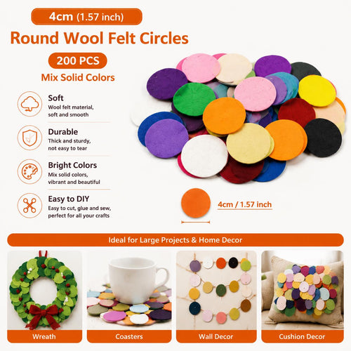 200 Acrylic Felt Circles, 4cm Solid Colors, Craft Supplies