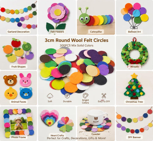 300 Felt Circles, 3cm Wool Felt Shapes for Craft Projects