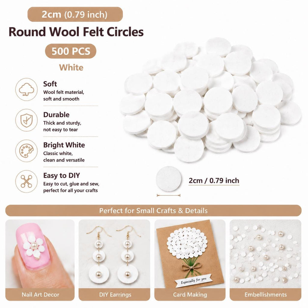 500 White Wool Felt Circles, 2cm Craft Project Supplies