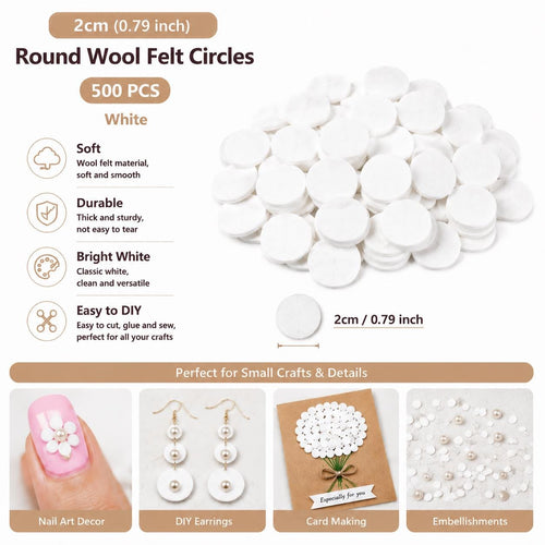 500 White Wool Felt Circles, 2cm Craft Project Supplies