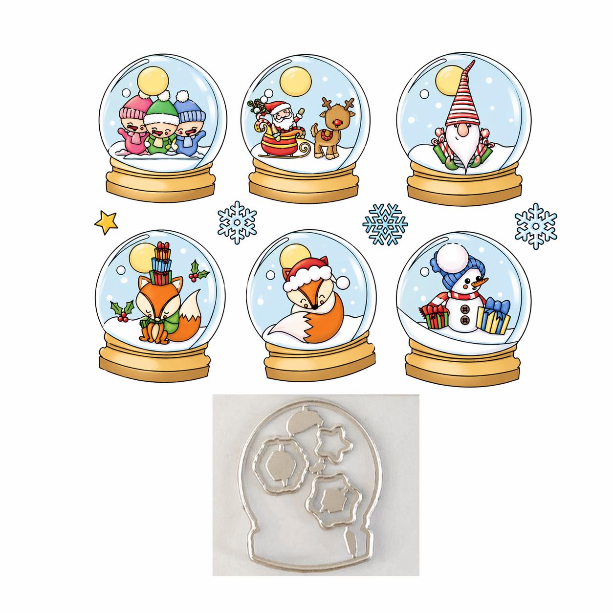 Christmas Snow Globe Stamp and Die | Santa Fox Snowman Scene | Holiday Card Making