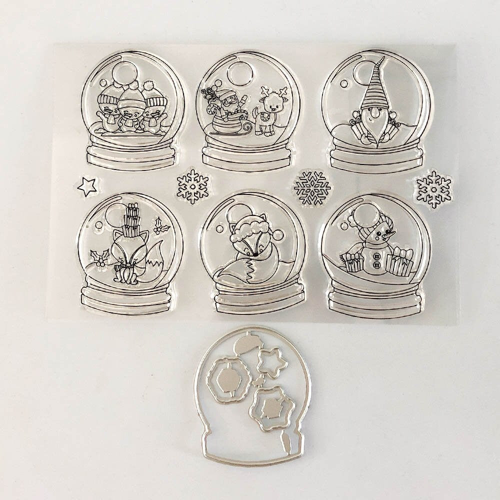 Christmas Snow Globe Stamp and Die | Santa Fox Snowman Scene | Holiday Card Making