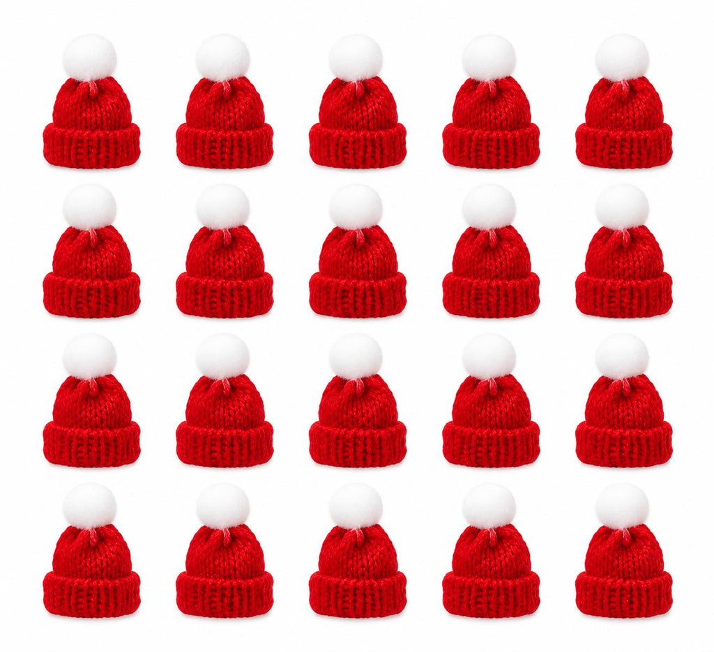 20 Red Knit Mini Hats with White Pom Poms, DIY Craft Supplies