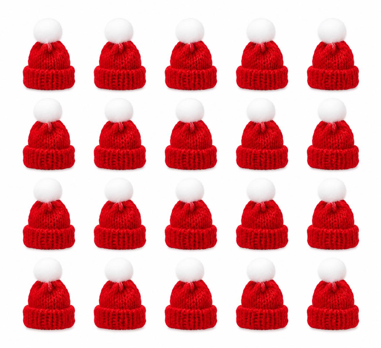 20 Red Knit Mini Hats with White Pom Poms, DIY Craft Supplies
