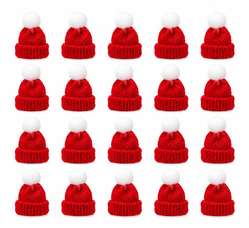 20 Red Knit Mini Hats with White Pom Poms, DIY Craft Supplies