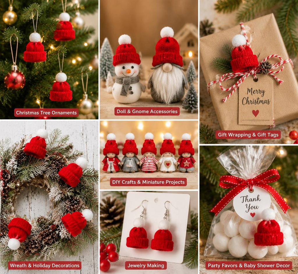 20 Red Knit Mini Hats with White Pom Poms, DIY Craft Supplies