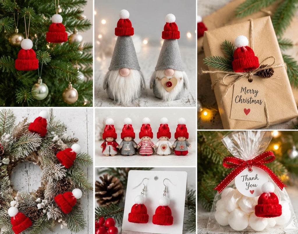 20 Red Knit Mini Hats with White Pom Poms, DIY Craft Supplies