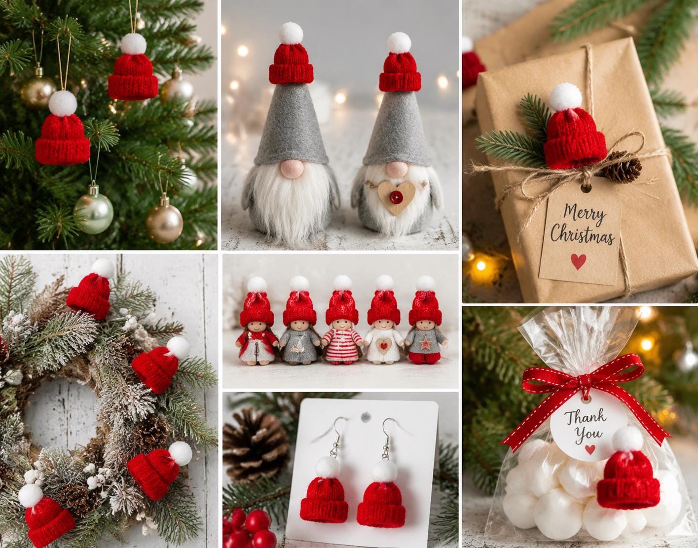 20 Red Knit Mini Hats with White Pom Poms, DIY Craft Supplies