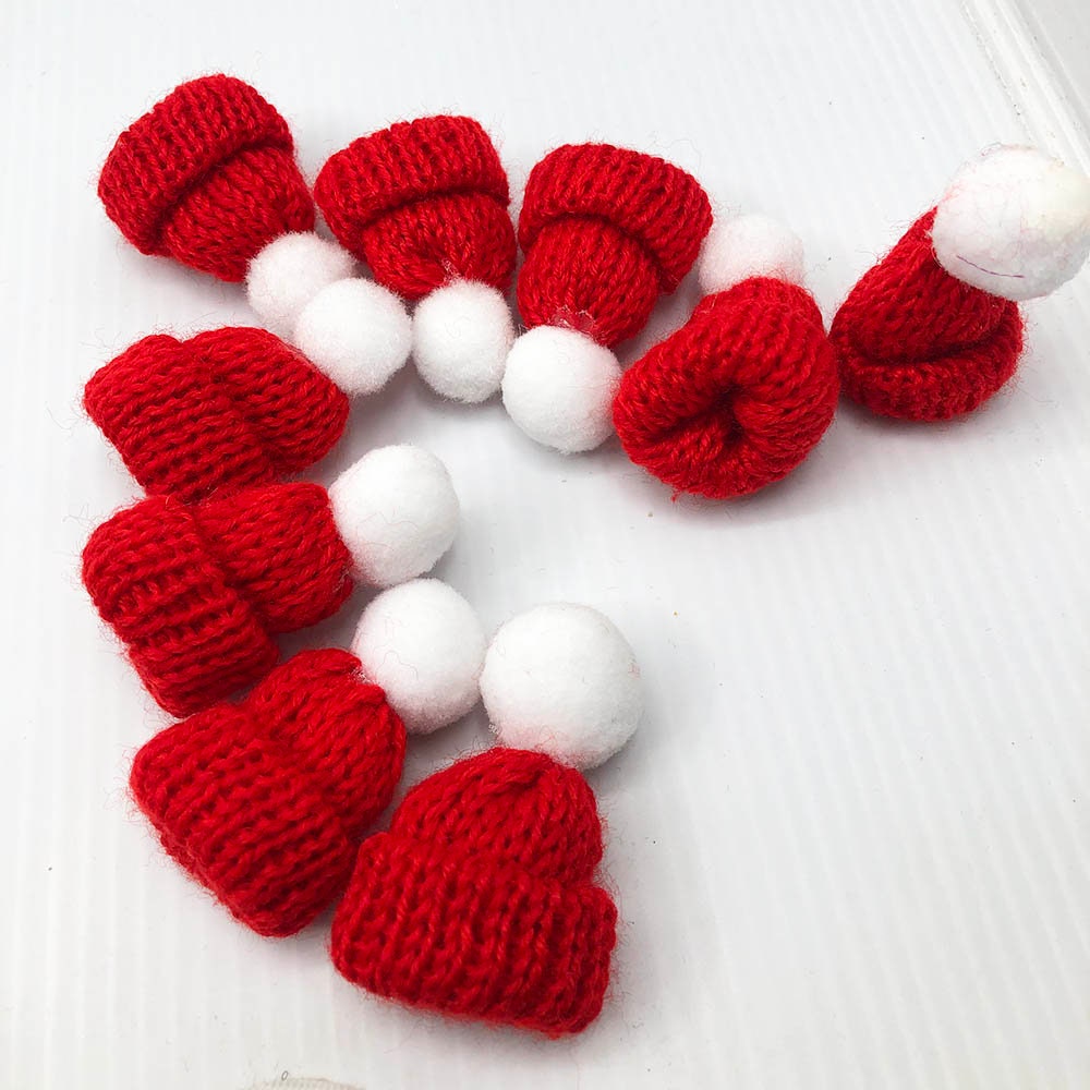 20 Red Knit Mini Hats with White Pom Poms, DIY Craft Supplies