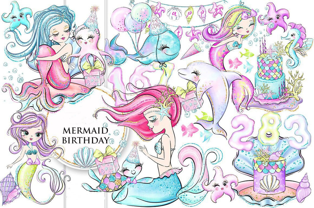 Mermaid Birthday Clear Stamp Set for Cards and Scrapbooks