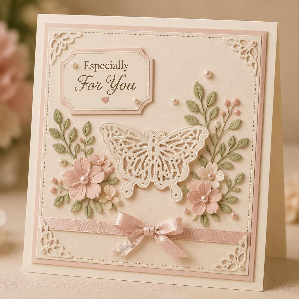 Pale pink card with ornate butterfly die cut, flowers, pearls, and especially for you greeting