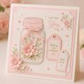 Pink floral card with mason jar, bottle tags, pearl accents, and wishing you happiness greeting